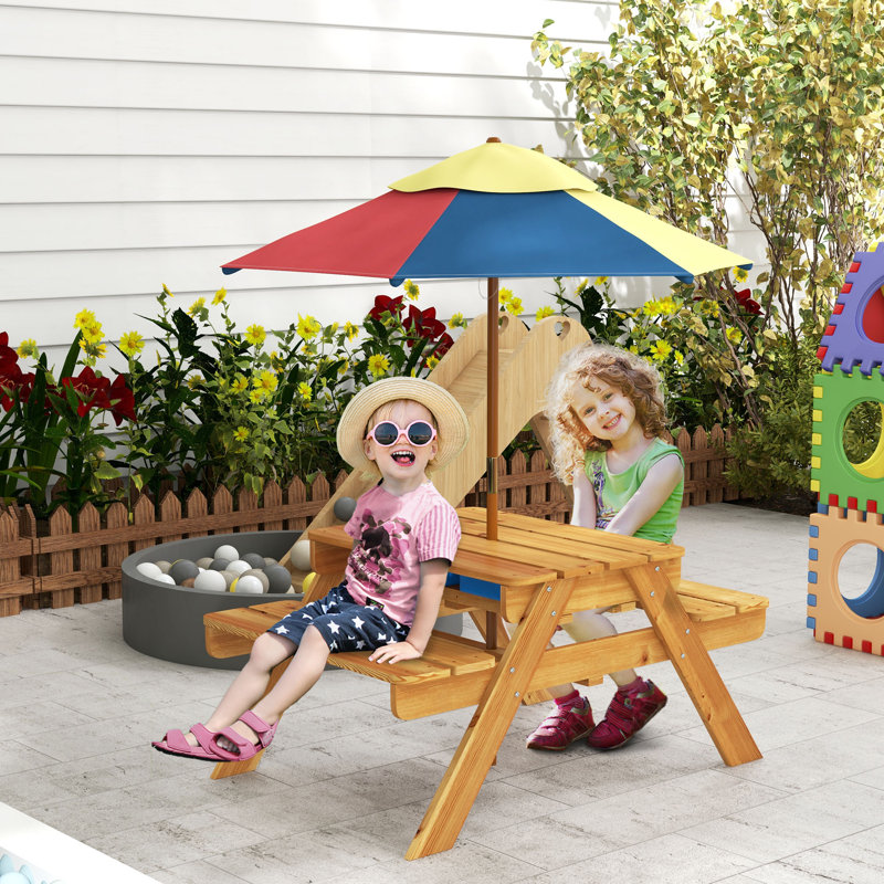 Harriet Bee Kids Picnic Table With Foldable Umbrella 3 In 1 Sand And Water Activity Table With 2 Play Boxes Removable Top Outdoor Convertible Wooden Table Bench Set For Patio Backyard Natural Wayfair